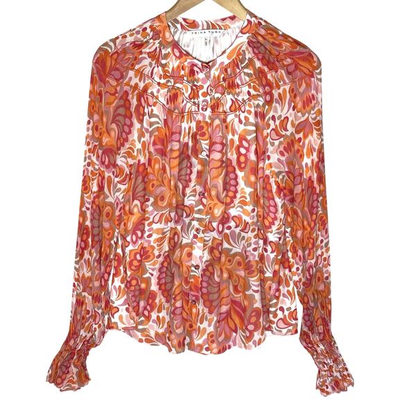 TRINA TURK Women’s Silk button Front Long Sleeve Flared Cuff Blouse XL - Picture 1 of 4
